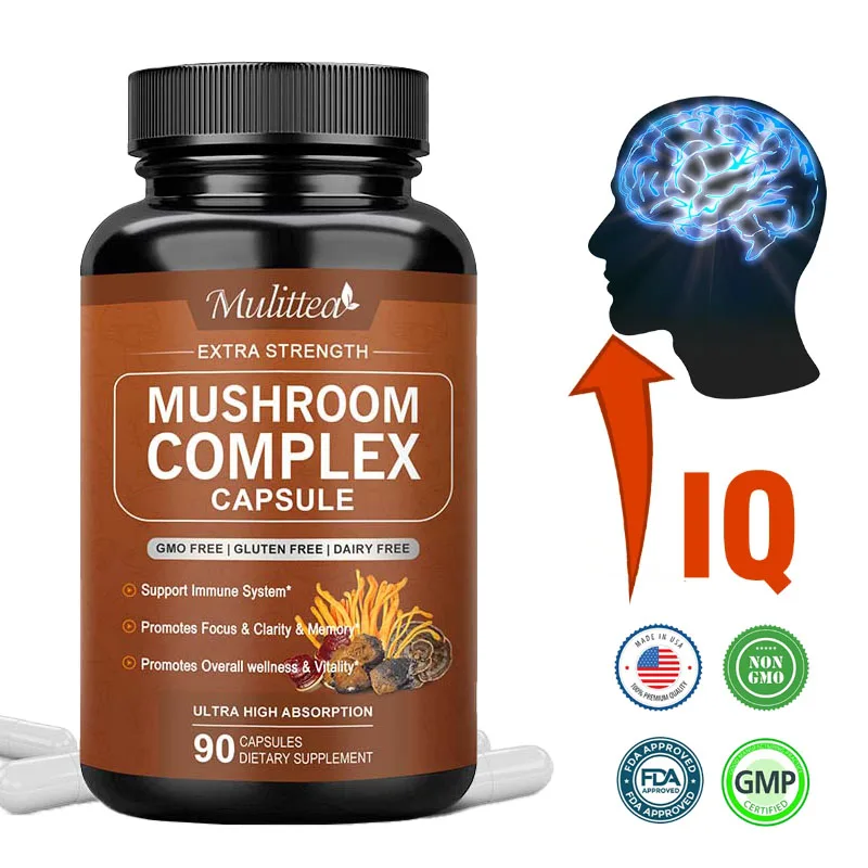 Mulittea 10x Mushroom Complex capsules with Lions Mane, Chaga Nootropic Brain Supplement for Memory and Focus Relief Stress