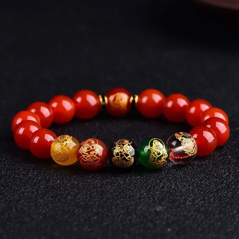 Five-way God of Wealth Obsidian Red Agate Bracelet Zodiac Guardian Amulet HandString Consecration Buddha Beads for Men and Women