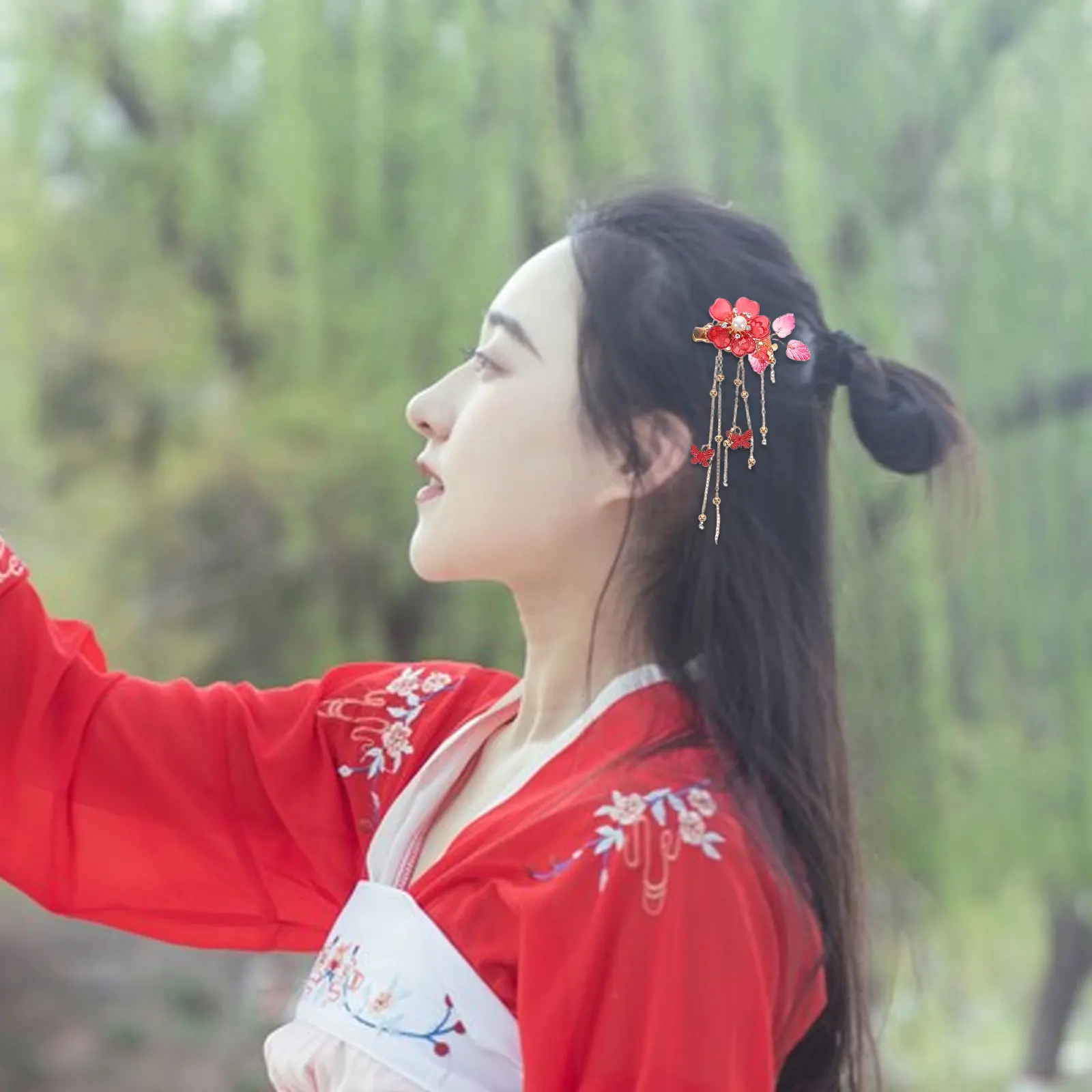 

Flower Tassel Hairpin Wild Hanfu Accessories Red Tassels Hair Clips for Any Hair Type Special Occasion Gift Flower Hairpins