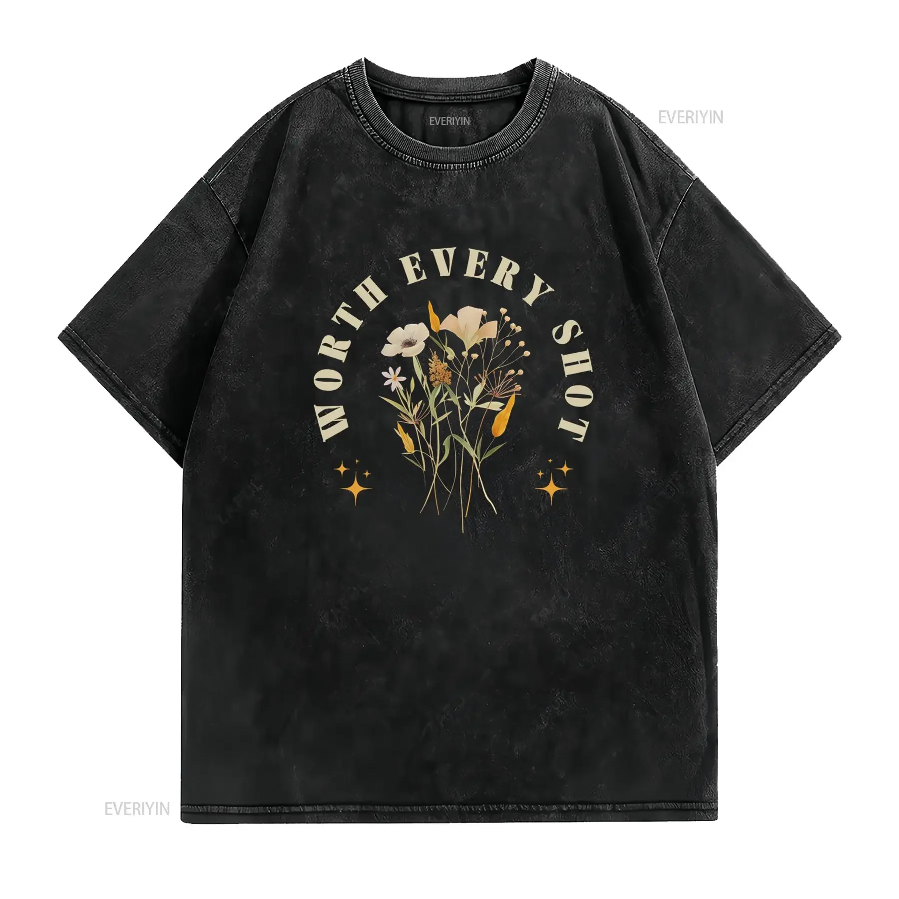 Vintage Boho Dried Wild Flower Slogan Print Casual T Shirt vintage Washed Top For Everyday Wear Soft graphic Stylish fashion