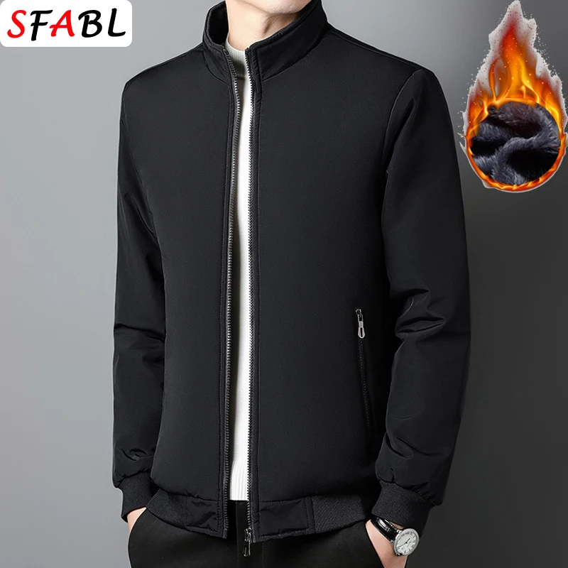 Luxury Autumn Winter Warm Parka Jacket Men Fleece Casual Vintage Parkas Outerwear Solid Color Mens Fashion Stand Collar Jackets