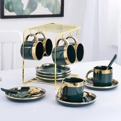European Luxury Green Ceramic Coffee Cup Set 6-Piece with Spoon Dish Milk Tea Gift Box Personalized 600ml Mugs