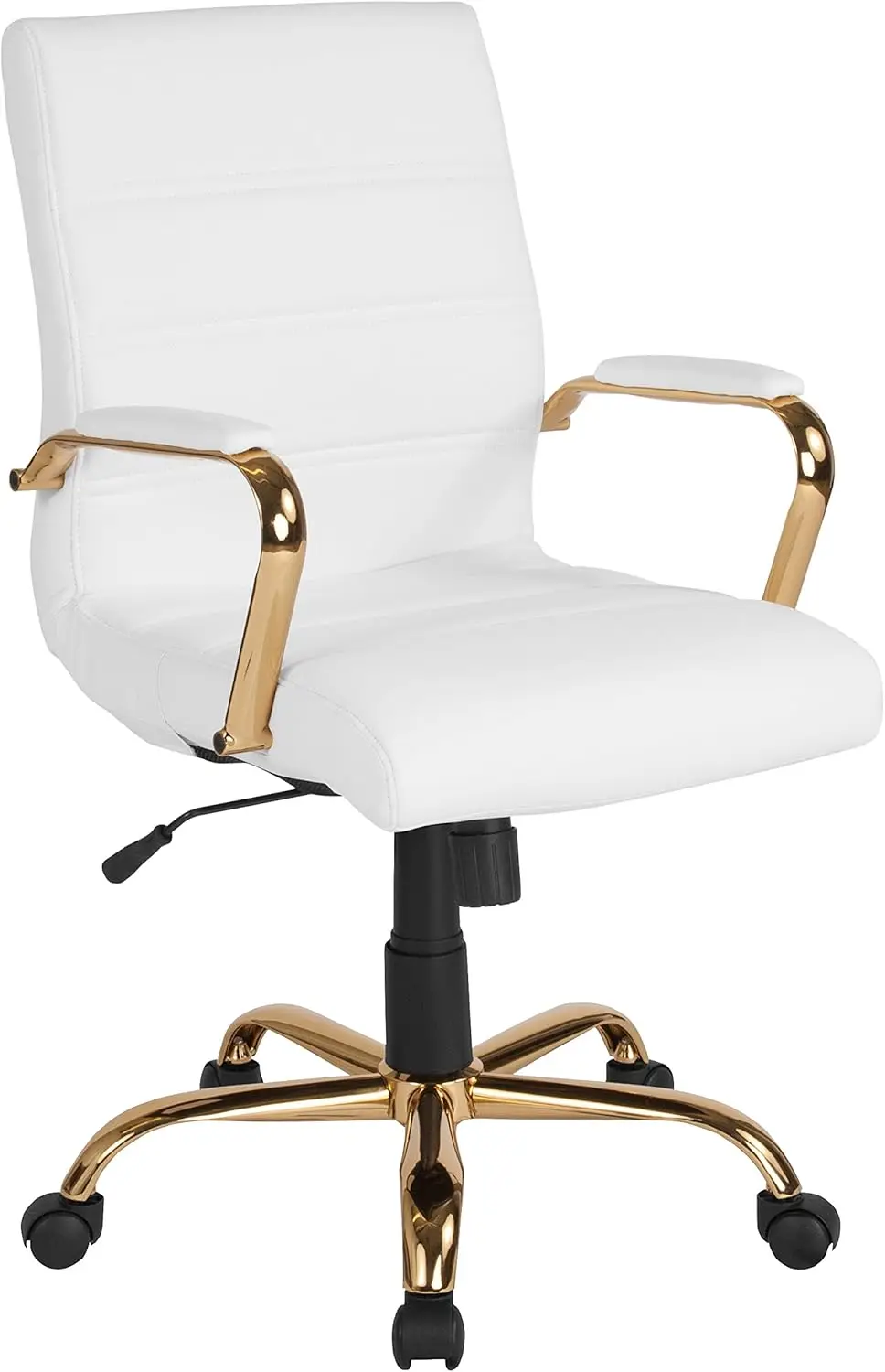 Furniture Whitney Mid-Back Swivel Desk Chair with Padded Seat and Armrests, Adjustable Height Padded Office Chair, White/Gold