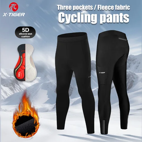 Imagen 2 del producto X-TIGER pantalones de bicicleta para hombre, mallas cálidas de invierno para bicicleta de montaña con bolsillos traseros, pantalones largos de ciclismo acolchados de Gel Coolmax 5D