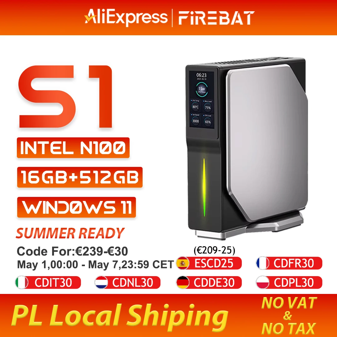 FIREBAT S1 Mini PC Windows 11 Intel Alder Lake N100 DDR4 16GB RAM 512GB SSD BT4.2 Dual HDMI Desktops Computador Tela Inteligente