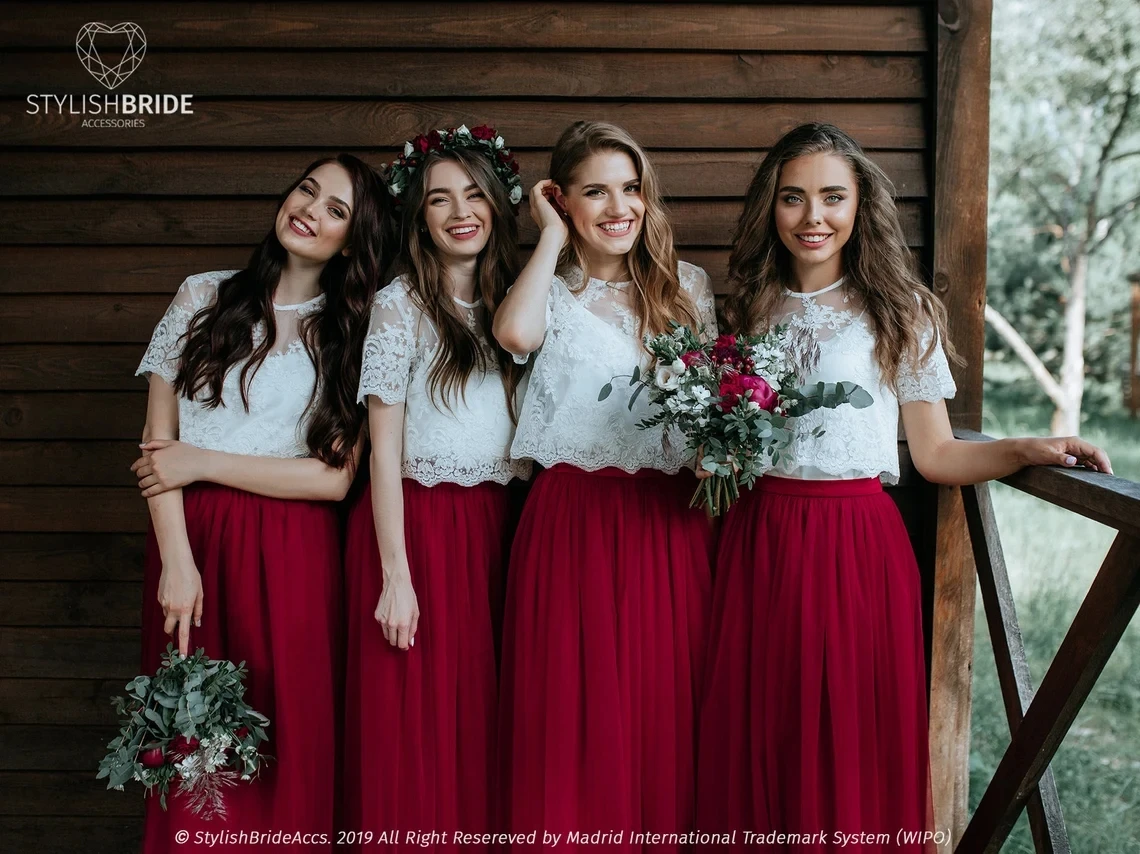 FATAPAESE Elegant Bridesmaids Dress Bohemia Boho Burgundy Summer Women Gowns Tulle Gown And Belle Lace AppquliesTops And  Skirts