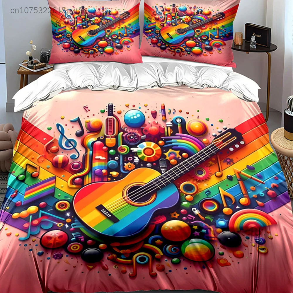 Colorful Music Guitar Set Decor Multiple Sizes kid's And adults' Bedroom Exquisite 3PC Bedding set, Gift 2