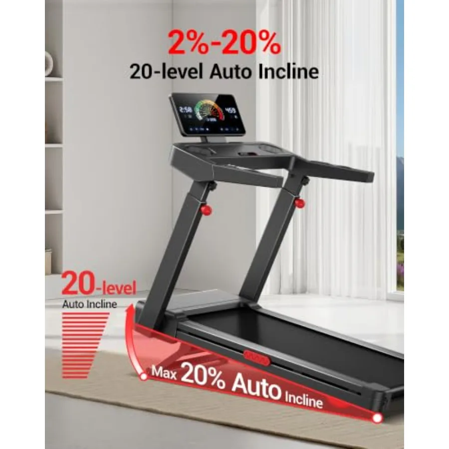 Fitness treadmill with 20 auto incline, foldable running treadmill for home use, steel frame, black finish, space-saving design
