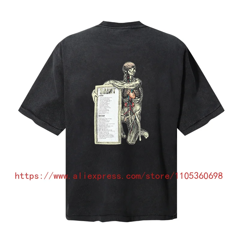 High Quality SAINT Men's T-shirt Retro Cartoon Printed Short Sleeve Loose Casual Top Fast Delivery