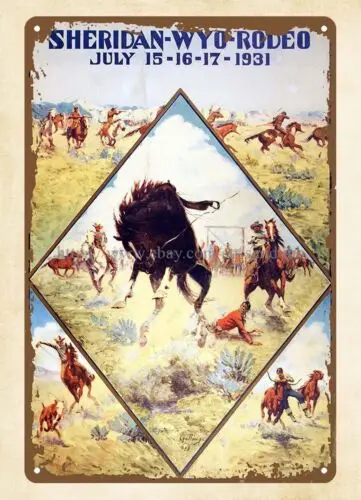 discount wall decor home accents Sheridan WYO Rodeo 1931 metal tin sign