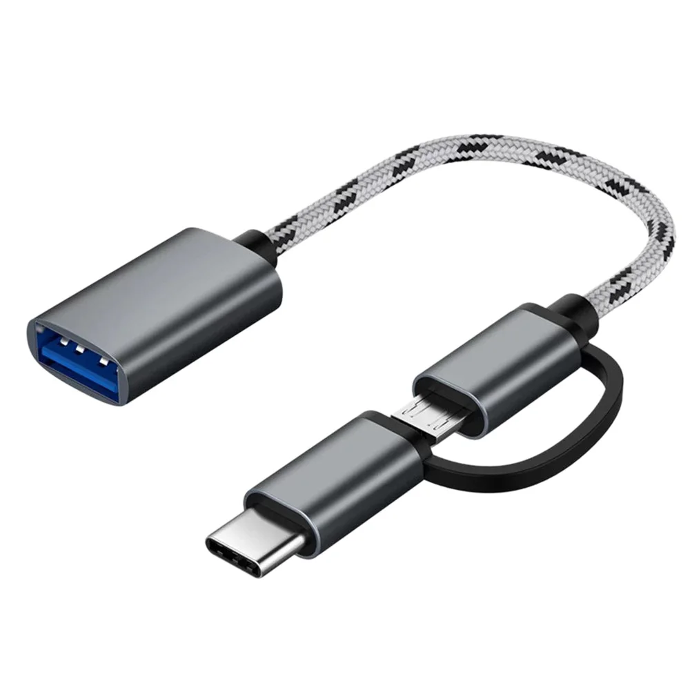 Cabo USB OTG 2 em 1 Tipo-C/Micro-USB para adaptador USB 3.0 Cabo de transferência de dados projetado trançado para telefone Andriod (cinza)