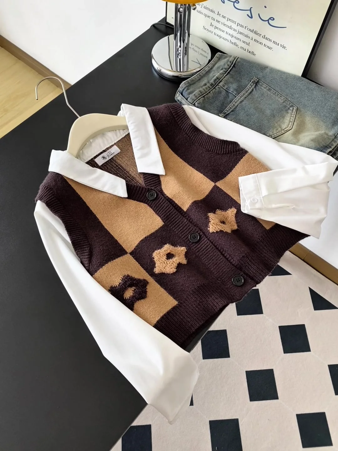 

Sweet College Sle Women's Knitted Sweater Fake Two-Piece Design Floral Patchwork Long Sve irt Vintage Autumn Winter