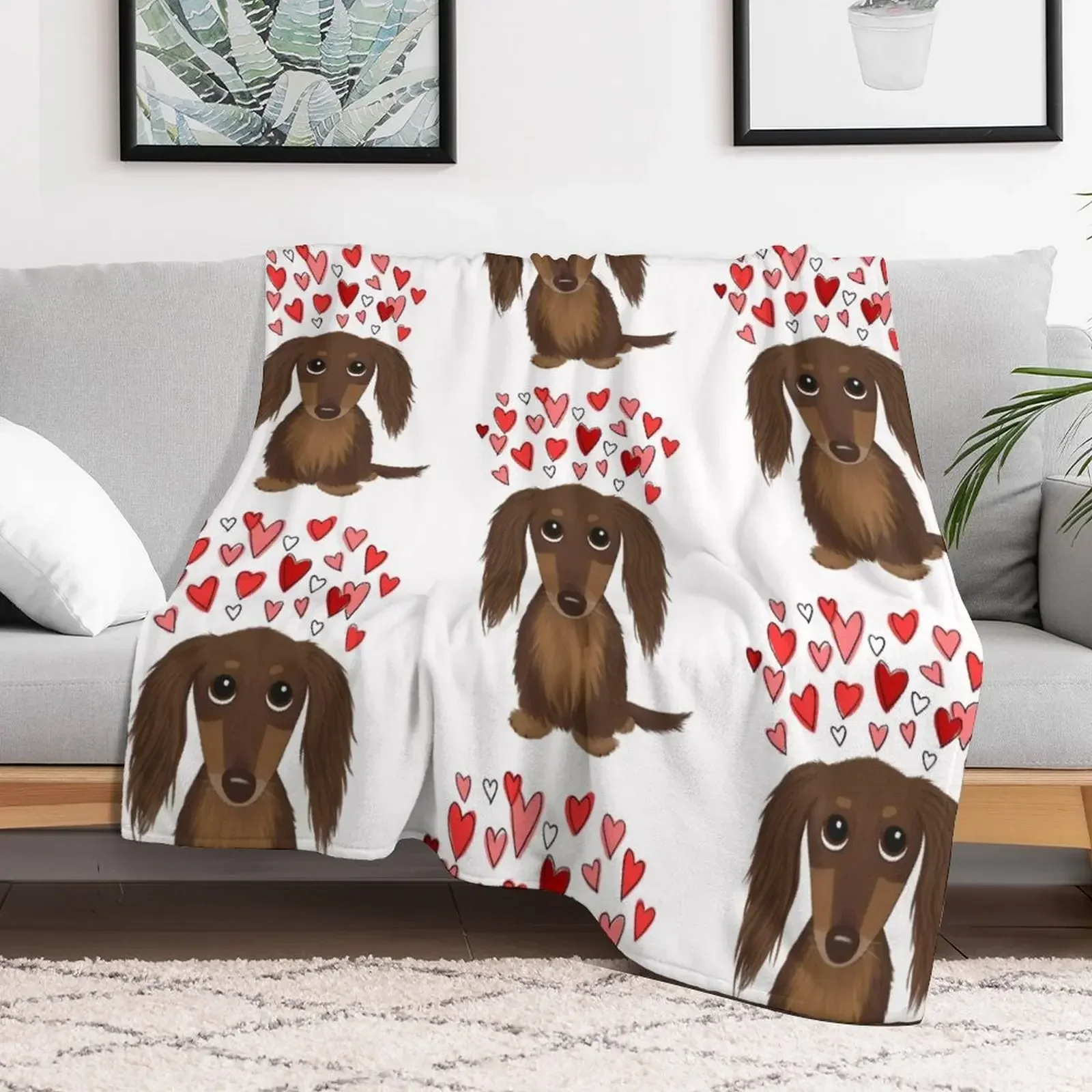 Hearts Dog Longhaired Chocolate Dachshund Cartoon Dog with Valentine Hearts Throw Blanket Retros Custom Travel Blankets