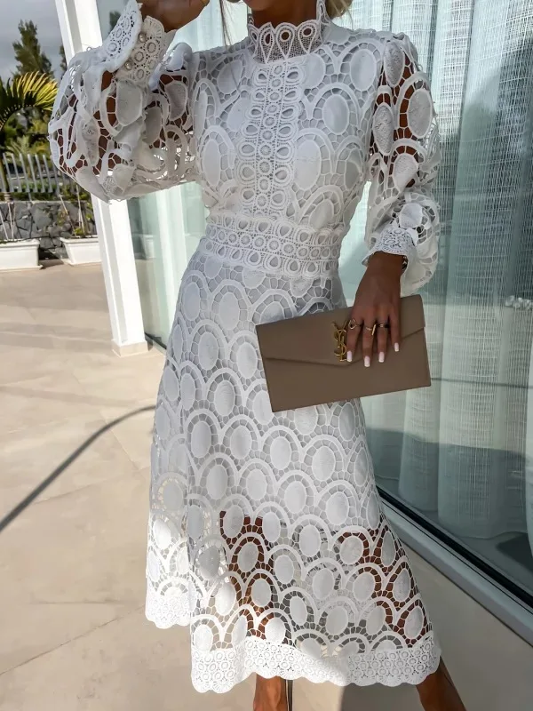 2024 Dresses for Women Party Puff Sleeve Long White Dress Lace High Waist Spring Elegant Y2k Evening Dress Formal Vestidos