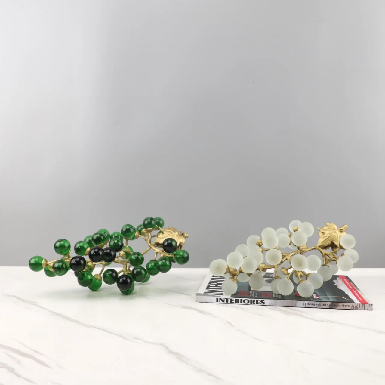 Crystal Grape Metal Handicraft Simulation Ornament Fruit Sculpture Green Transparent Decorative Figurines Home Accessories
