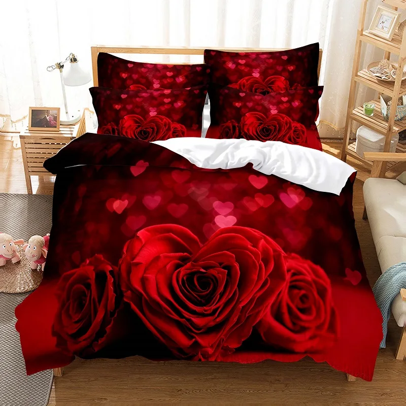 Red Rose Bedding Set Quilt/Duvet Cover Pillow Case 3D HD Double Full King Queen Twin Single 3/2PCS Polyester Comforter Cover