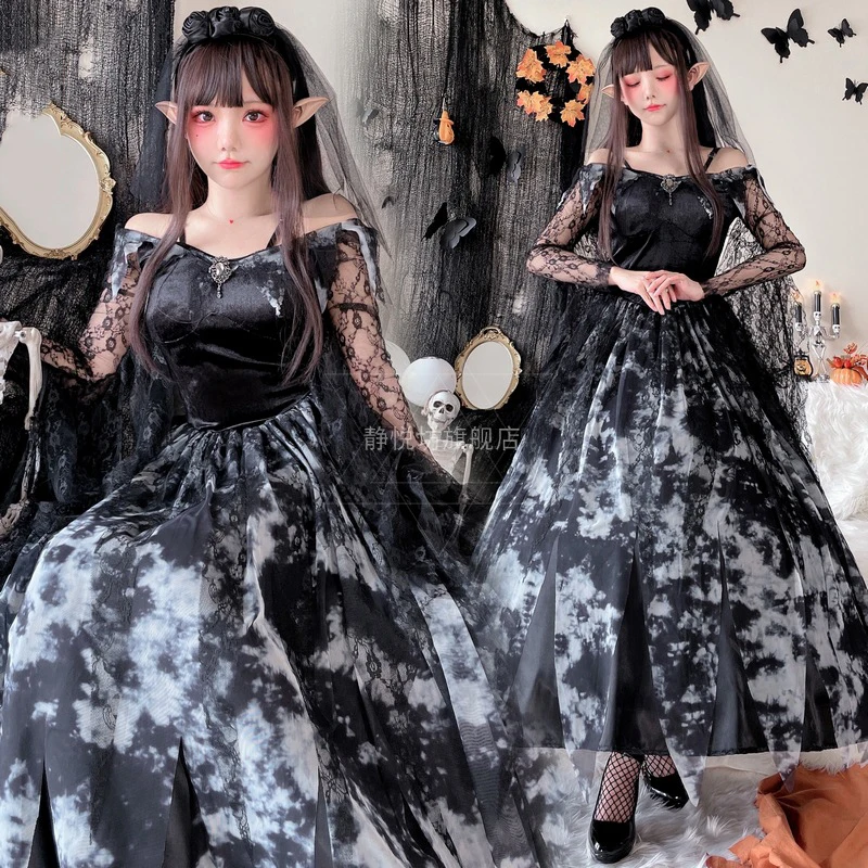 Halloween Costume for Women Ghost Bride Cosplay Witch Attire Gothic Style The Queen of The Damned Black Dress Anime 2piece