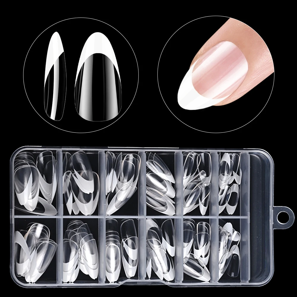 120pcs Short Almond French-Style Press-On Nails Transparent Glossy False Nails With Chic White Tips for a Sophisticated Look DIY