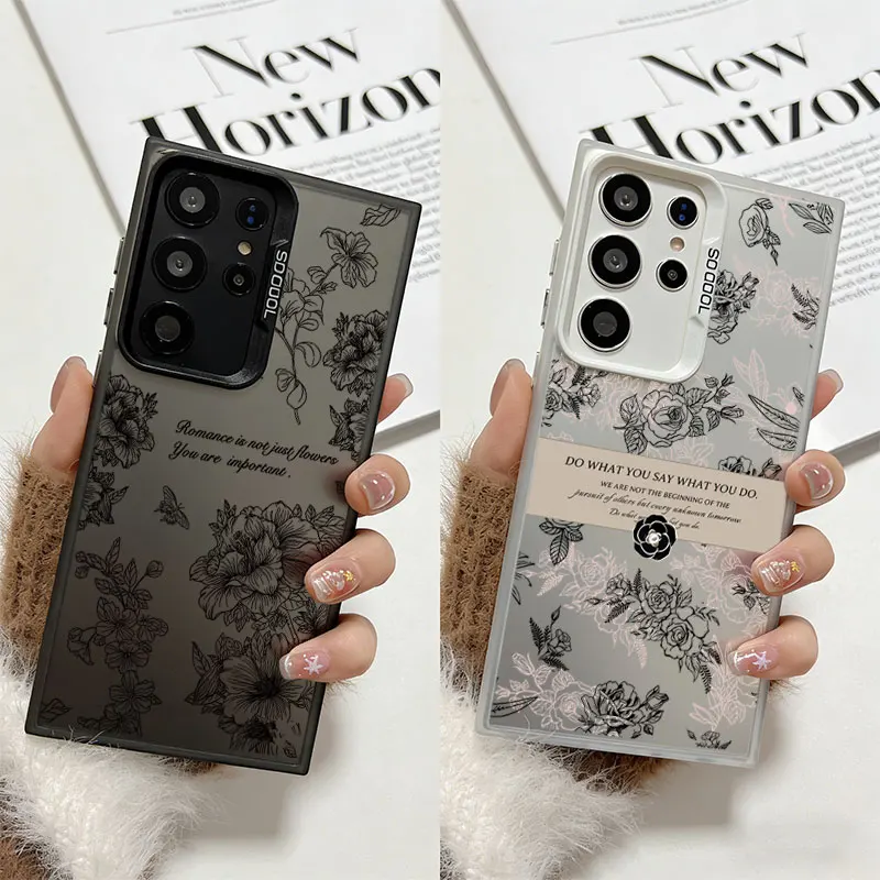 Funda Phone Case For Samsung Galaxy S26 Edge S25 S24 S23 S22 Ultra S21 S20 FE S10 Plus Luxury Black Premium Line Flowers