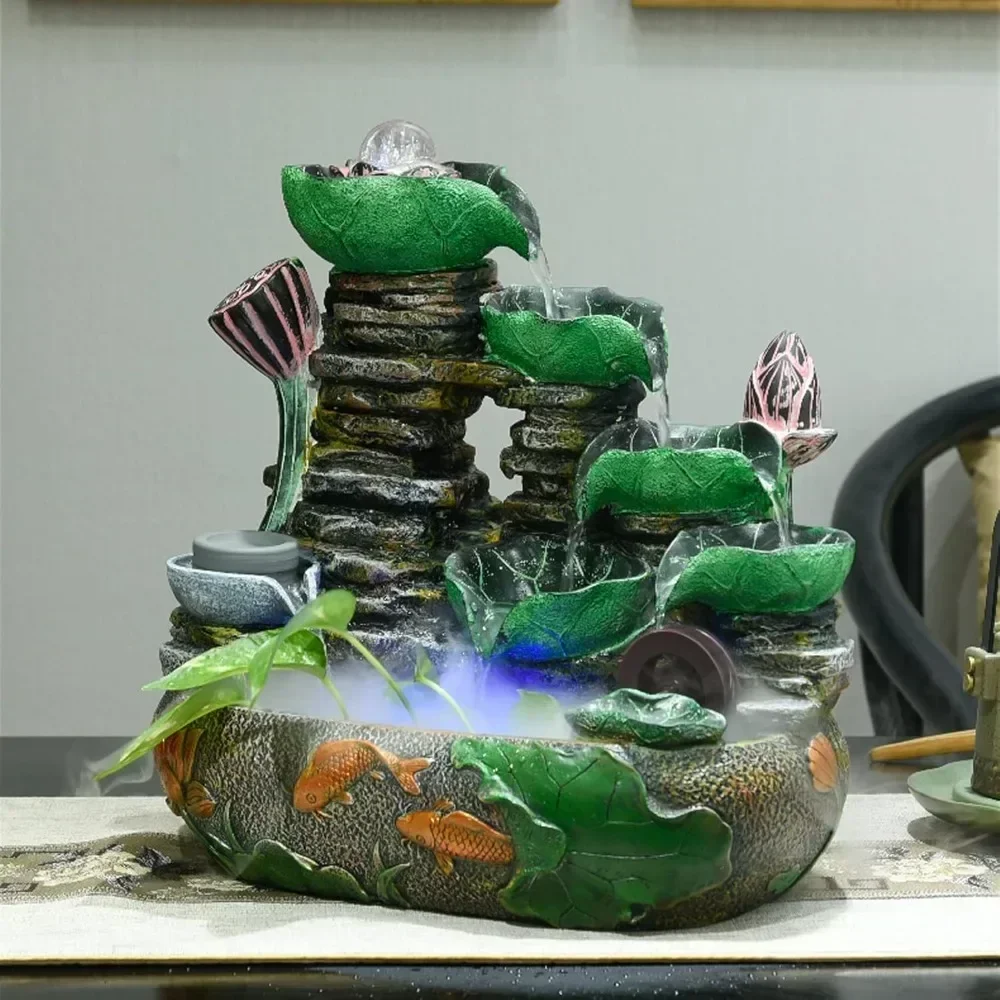 Indoor Tabletop Waterfall Resin Lotus Leaf Cascading Rock Falls Desktop Indoor Fountain Tabletop Fountain