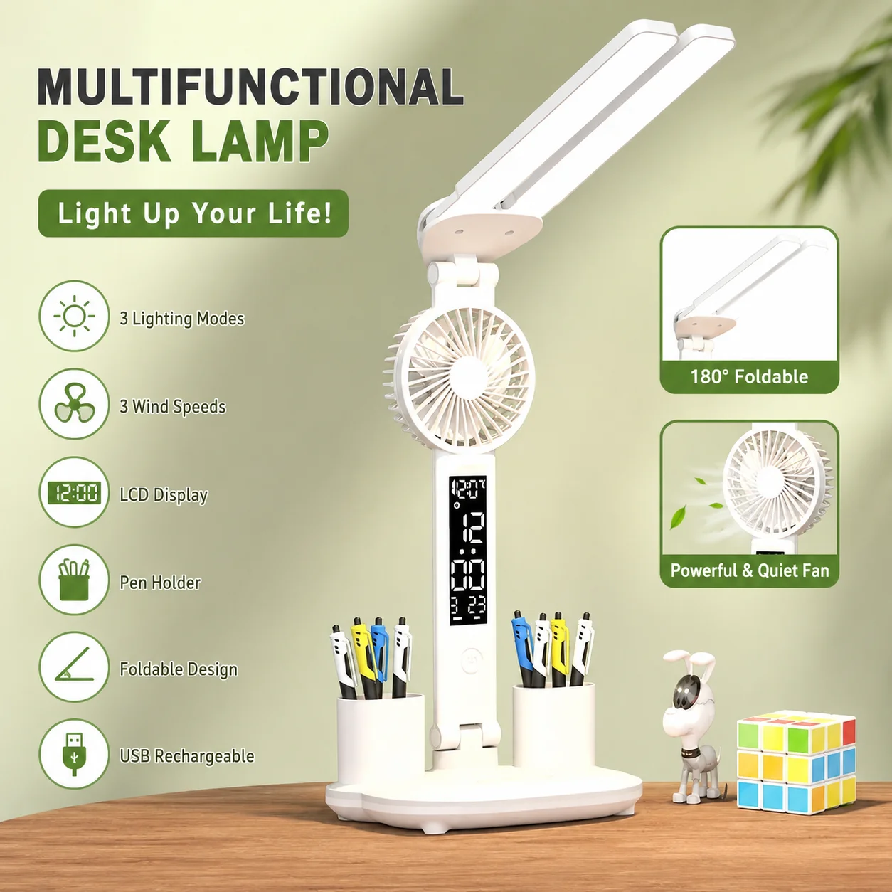 Table Lamp with Fan for Student Studying LED Desk Lamp with Pen Holder Multifunctional Touch Night Light Rechargeable