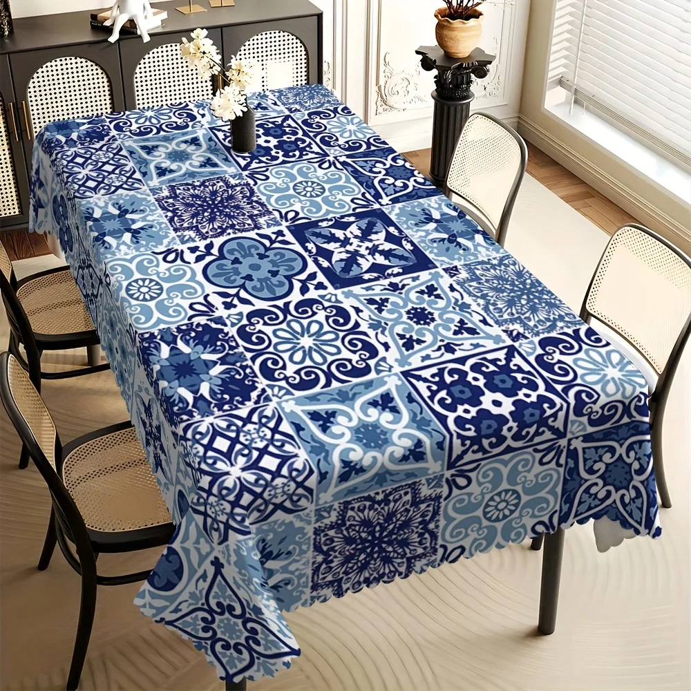 Blue Tile Patchwork Rectangle Tablecloth for Table Decor Elegant Bohemian  Style Kitchen Dining Table Cloth Holiday Party Decor
