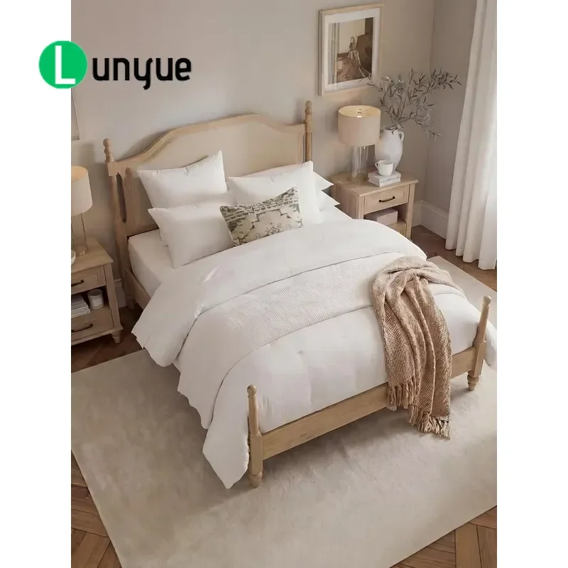 American Rural Roman Column Solid Wood Double Bed 1.8m 1.5m French Retro Soft Backrest Bedroom Furniture Durable Elegant