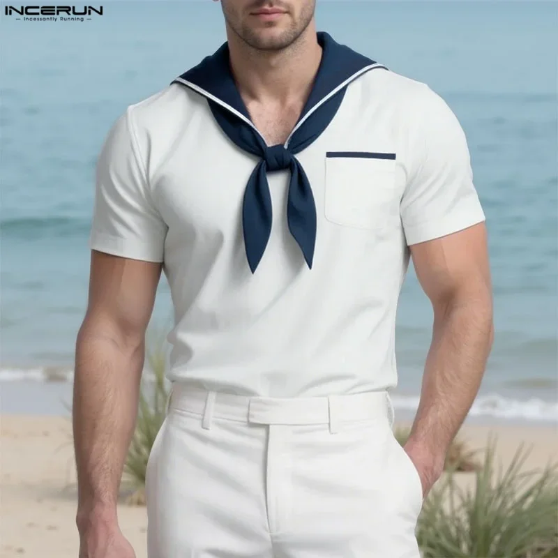INCERUN Men T Shirt Patchwork Summer Navy Collar Short Sleeve Male Tee Tops 2025 Pockets Fashion Casual Men Clothing Streetwear