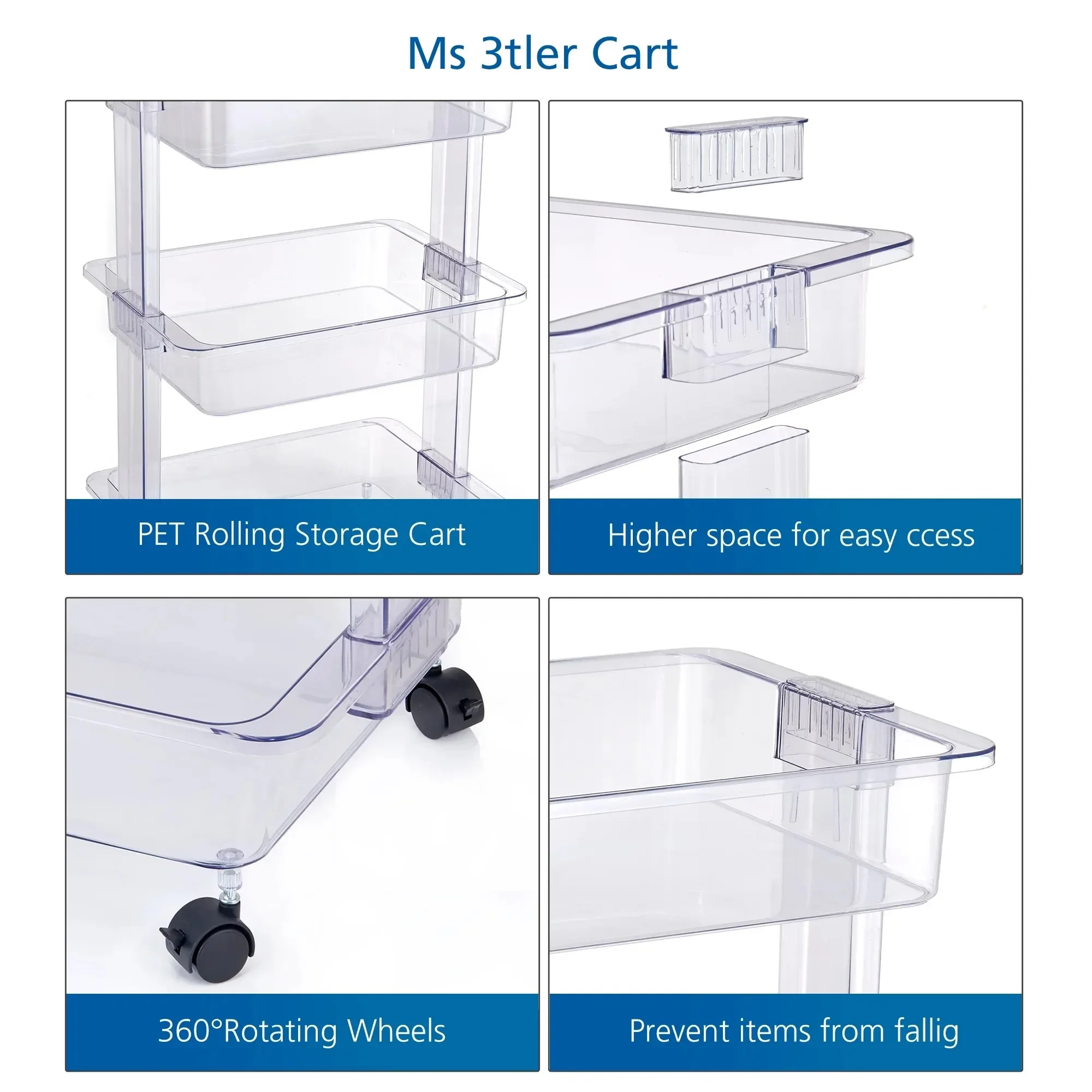 3-poziomowy plastikowy przezroczysty wózek do przechowywania, rozmiar dla dorosłych, mobilny organizer do łazienki, kuchni i biura