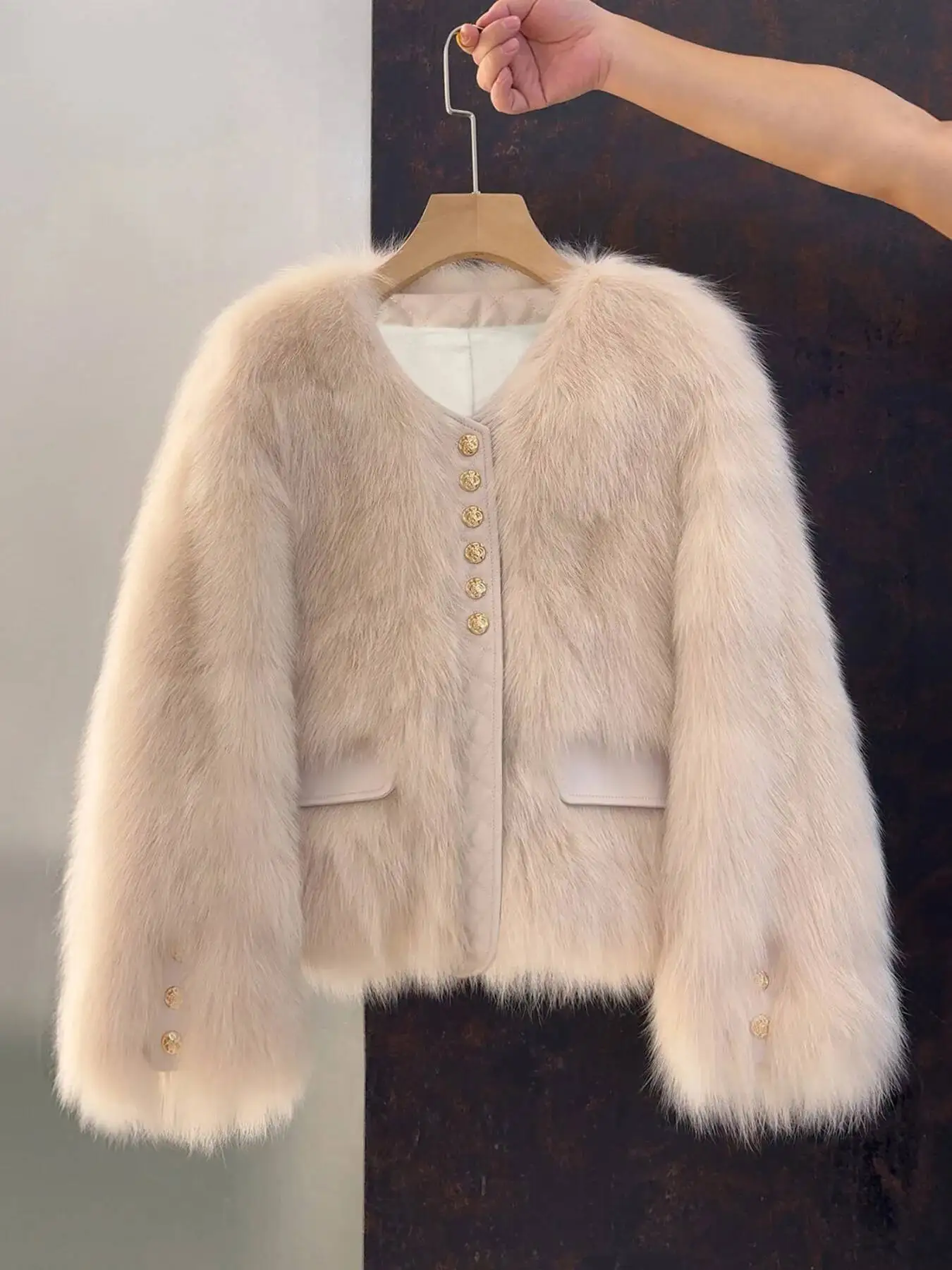 Faux Fur In Bright Pink Coats Womens Strip Straight Office Elderly Furry Outwear Chic Round Neck Collarless Fall Fashionable