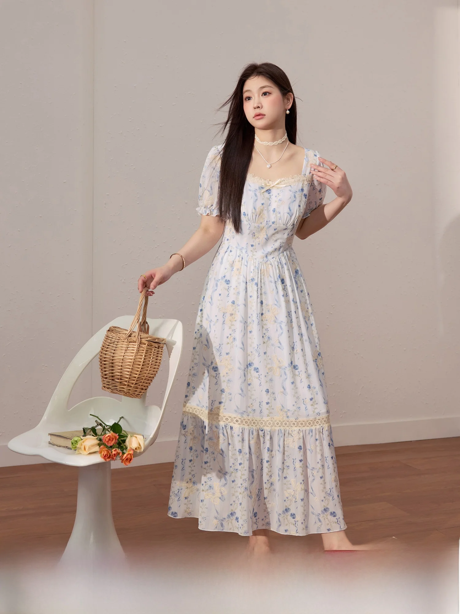 

Ele Embroidered plus Size Dr Slimming Waist Pleasing A-Line Skirt Summer Workwear Polyester Fiber Bubble Sve Long D...