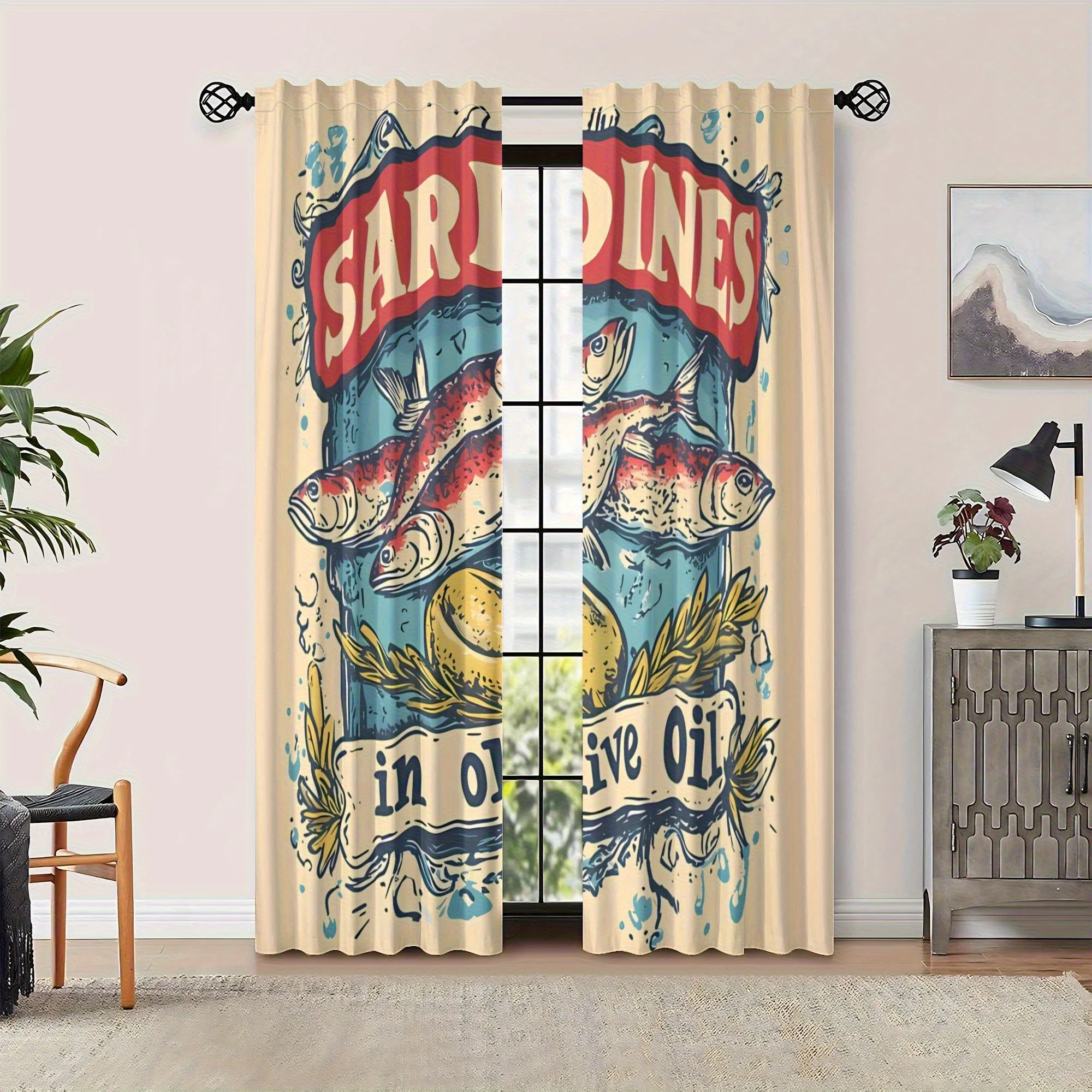 Vintage Canned Sardines Fish Blackout Curtains - 100% Polyester Machine Washable Light Filtering Privacy Drapes with Grommets