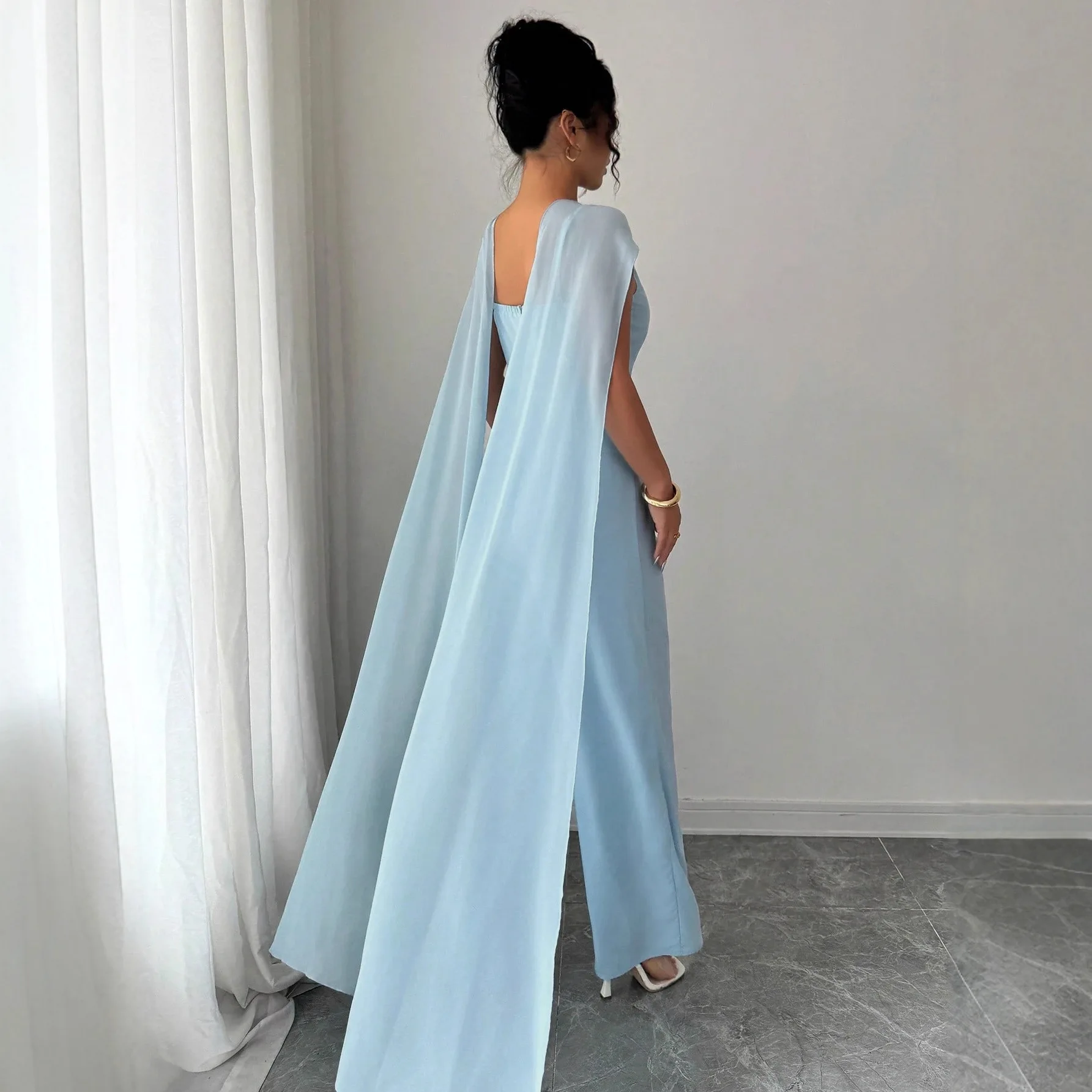 Women's Spring/summer Elegant Blue Sleeveless Halter Neck Cape Slim Fit Sexy Jumpsuit Evening Dresses Outfits Elegant Boho