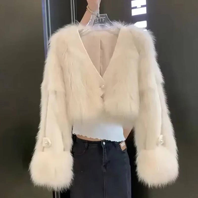 V-neck fur coat women 2024 autumn and winter short environmentally fur jacket