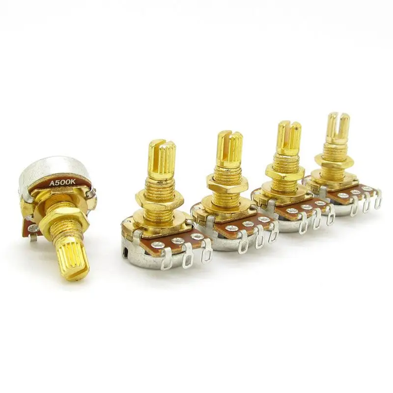 Guitar Potentiometer Audio Volume&Tone Pots Switch Control A500k Split Shaft Taper Potentiometers Gold Pack Of 5