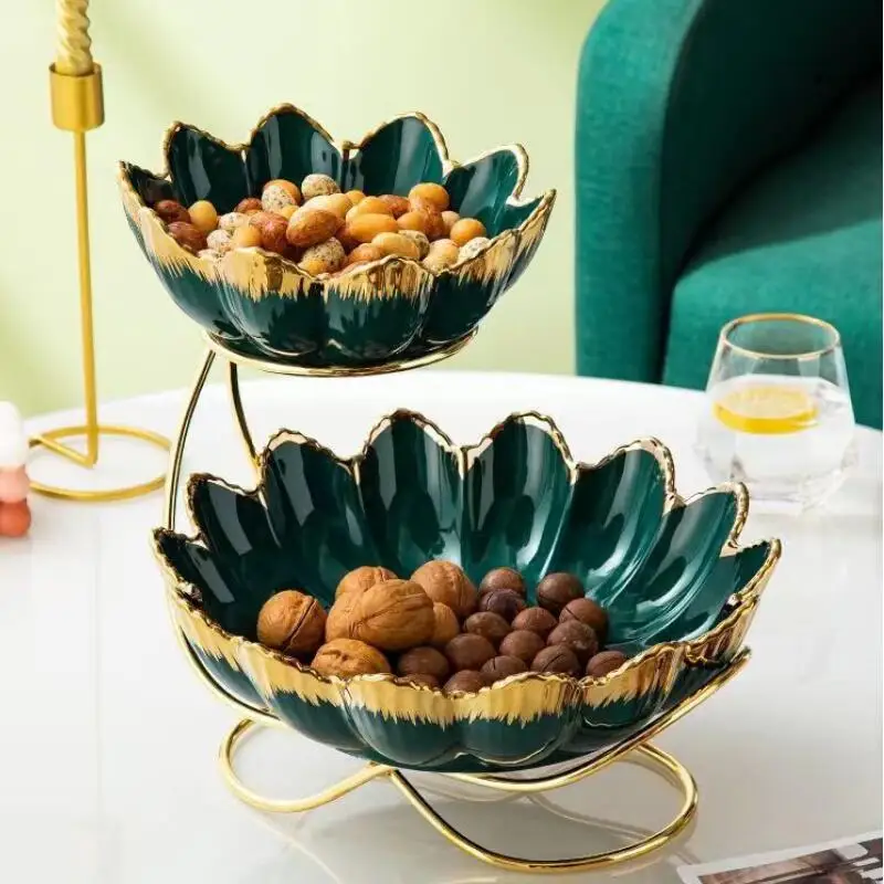 

2 Tiers Ceramic Plate Fruit Bowls Decorative Party Desserts Holder Nuts Candy Displat Stand Serving Tray for Home Party