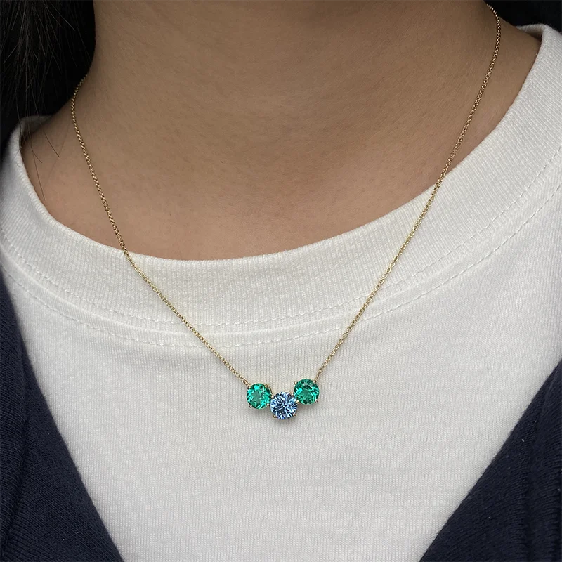 1Ct Blue Round Cut IGI & 1.4Ctw Emerald Diamond Lab Grown Diamond CVD & HPHT 14K 10K Gold Pendant Necklace 18 Inch