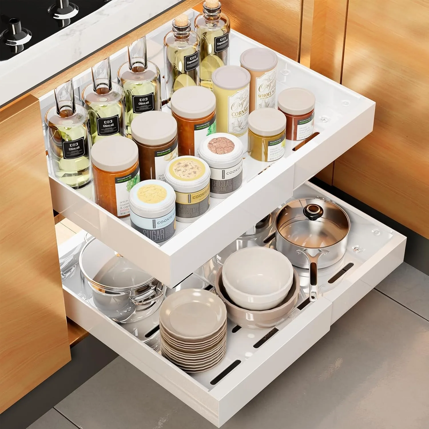 Pull Out Cabinet Organizer Expandable (12.6in~19.7in), Premium Slide Out Cabinet Organizer for Cabinets in Kitchen or bathroom