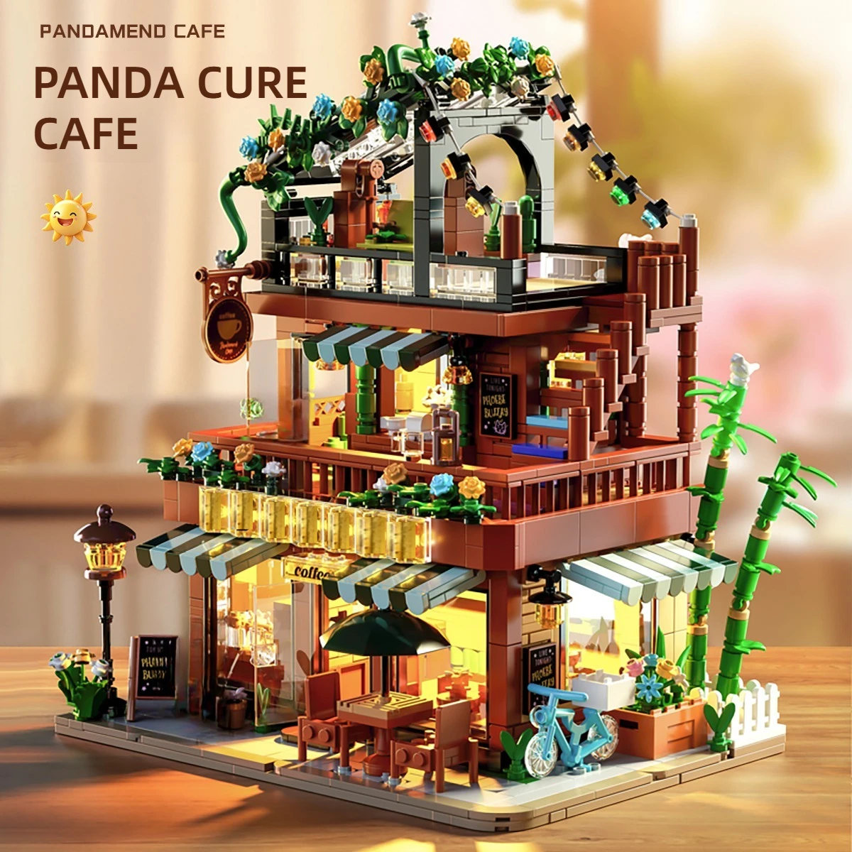 

KAVOWORLD 1762pcs Panda Summer Coffee Shop City Street House Building Blocks Set For Adults LED Light DIY Bricks Kit Ideal Gifts