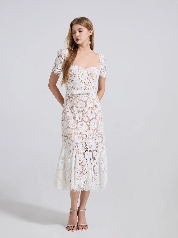 Seksowna elegancka koronkowa sukienka z kwadratowym kołnierzem Bodycon damska 2025 letnie koronkowe sukienki midi z paskiem Slim Luxury Party INKEO 5D135