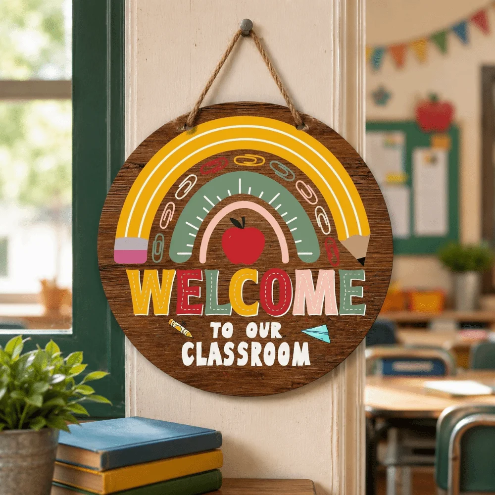 Personalized 2D Flat Welcome Sign Colorful Round Wooden School Door Hanging Decoration Ornaments Teacher Sign Back to School