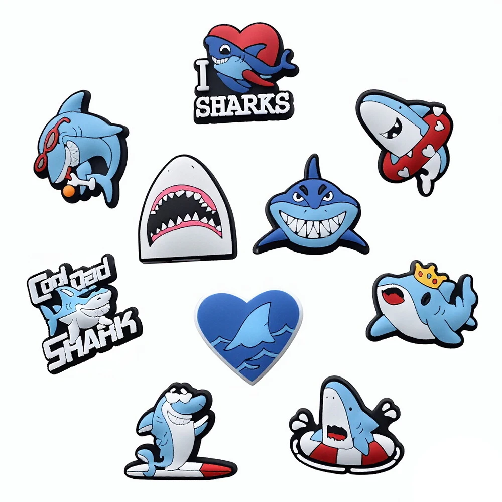 5-10PCS Cute Shark Shoe Charm Mix Wholesale PVC Decoration Wooden clog sandal wristband bag Detachable DIY Waterproof Xmas Gift