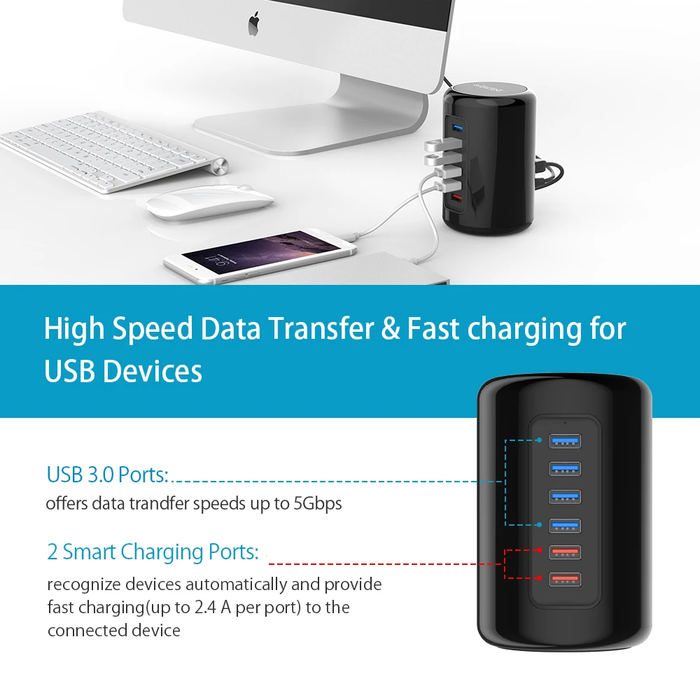 Orico sub-brand qic usb 2,0 hub multi 6 ports hochgeschwindigkeits-usb 3,0 splitter mit anti-pad dc12v netzteil