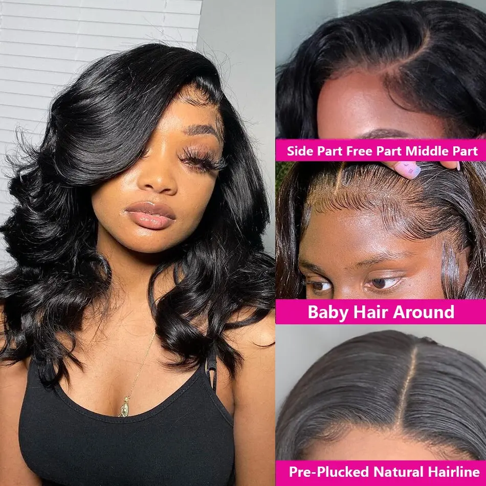 Perruque Bob Lace Front Wig naturelle, cheveux humains, Body Wave, 13x4, pre-plucked, pour femmes noires, liquidation