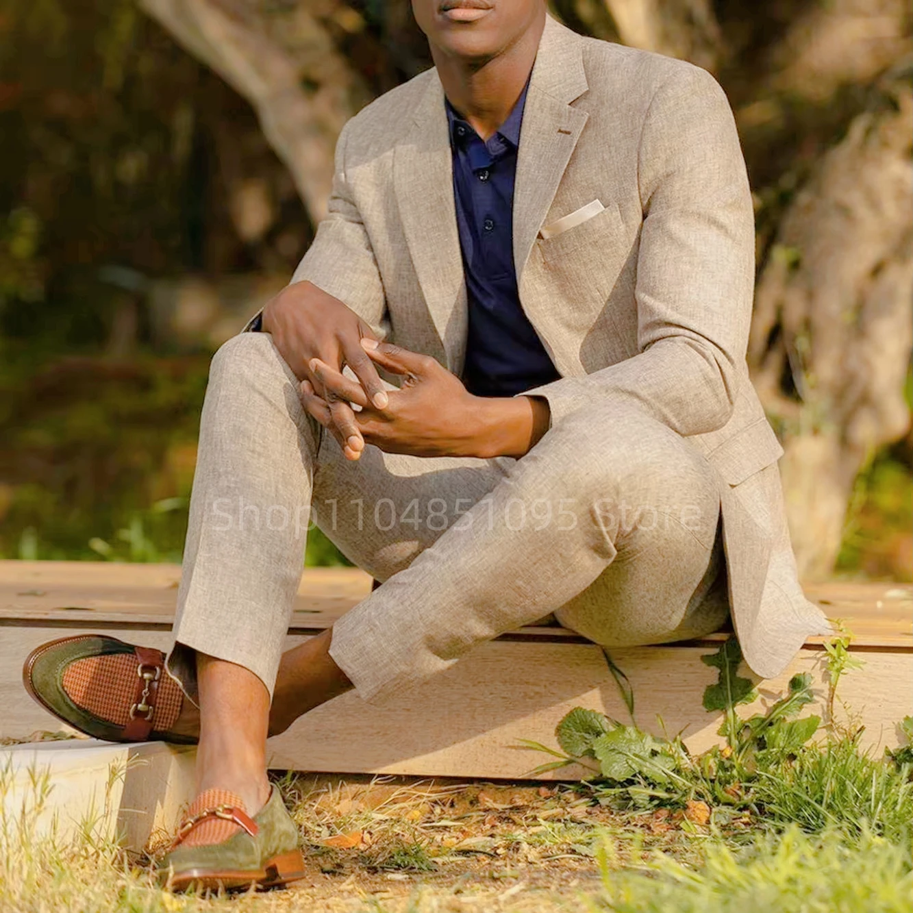 

Casual Summer Linen Slim Fit Suits for Men Double Breasted Peaked Lapel Blazer Pants Man 2 Piece Outfit Set For Party Prom