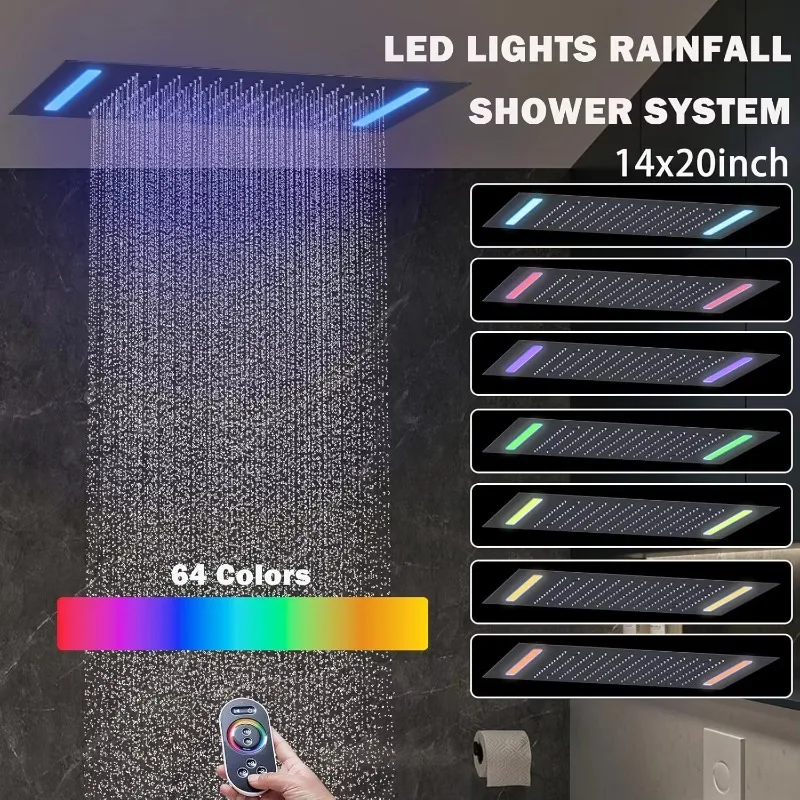 Matte Black Shower Unit Ceiling Mount 14x 20 Light Emitting Diode Shower Head and Hand Sprayer Dual Rain Shower Unit