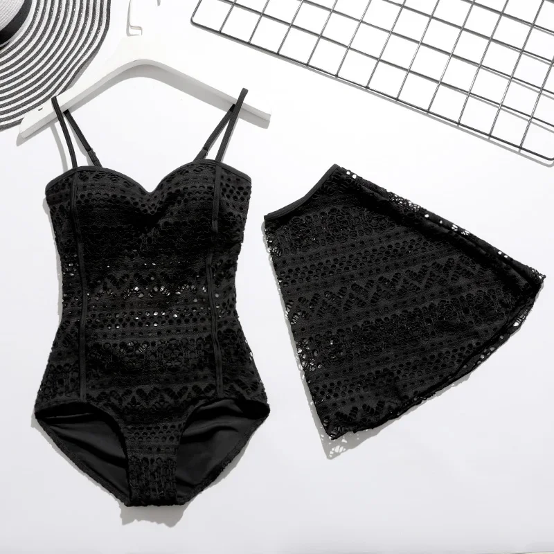Costumi da bagno donna Sexy nero costume intero ultimo Beachwear gonna di pizzo cava spalla costumi da bagno costumi da bagno solido body
