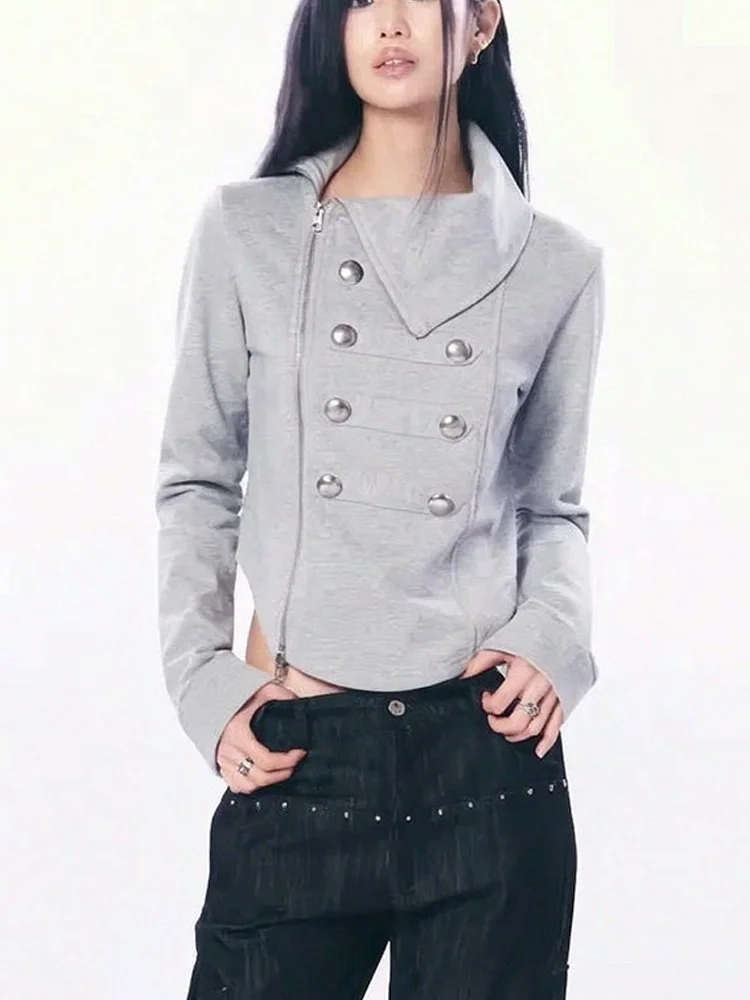 Women Y2K Cropped Jacket Long Sleeve Asymmetric Zipper High Collar Slim Fit Punk Streetwear Casual Motorcycle Coat