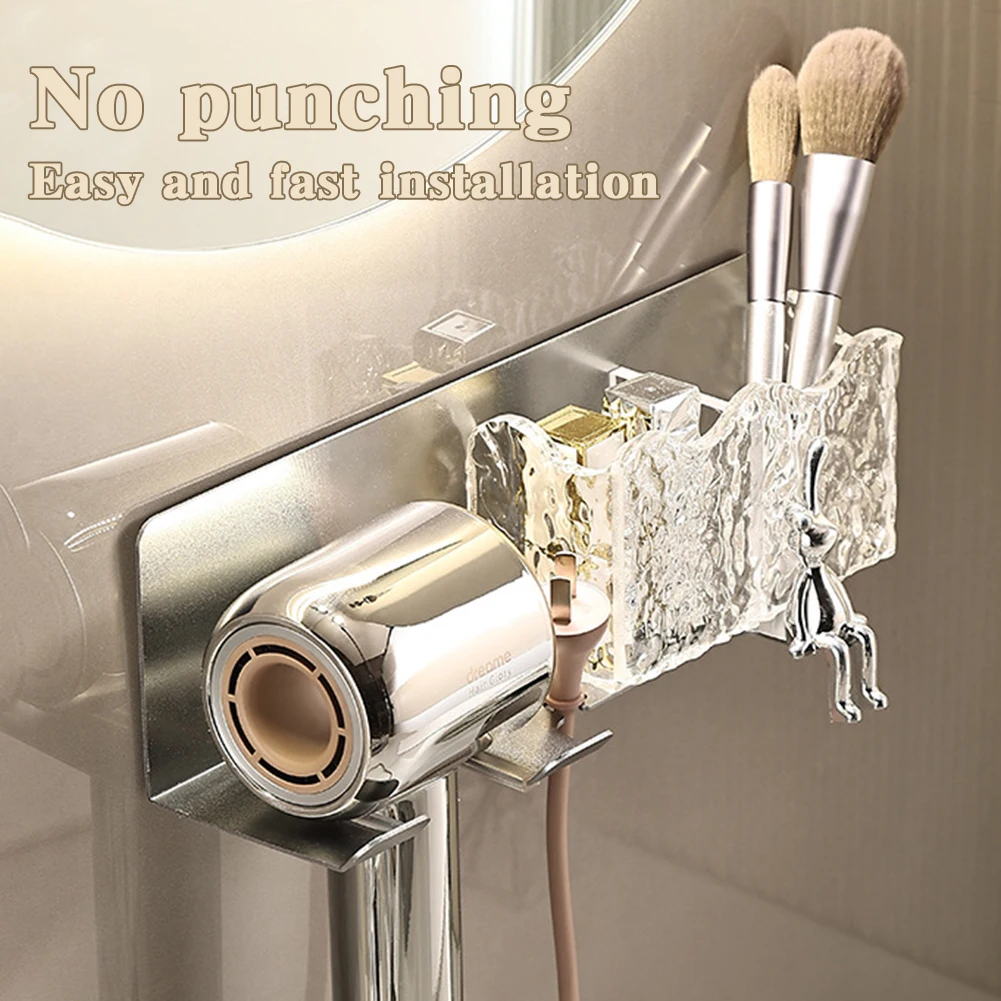 

2 In 1 Hair Dryer Holder Wall Mounted Hairdryer Organize Rack Bathroom Storage Shelf Shelves Dryer Cradle Straightener Stand