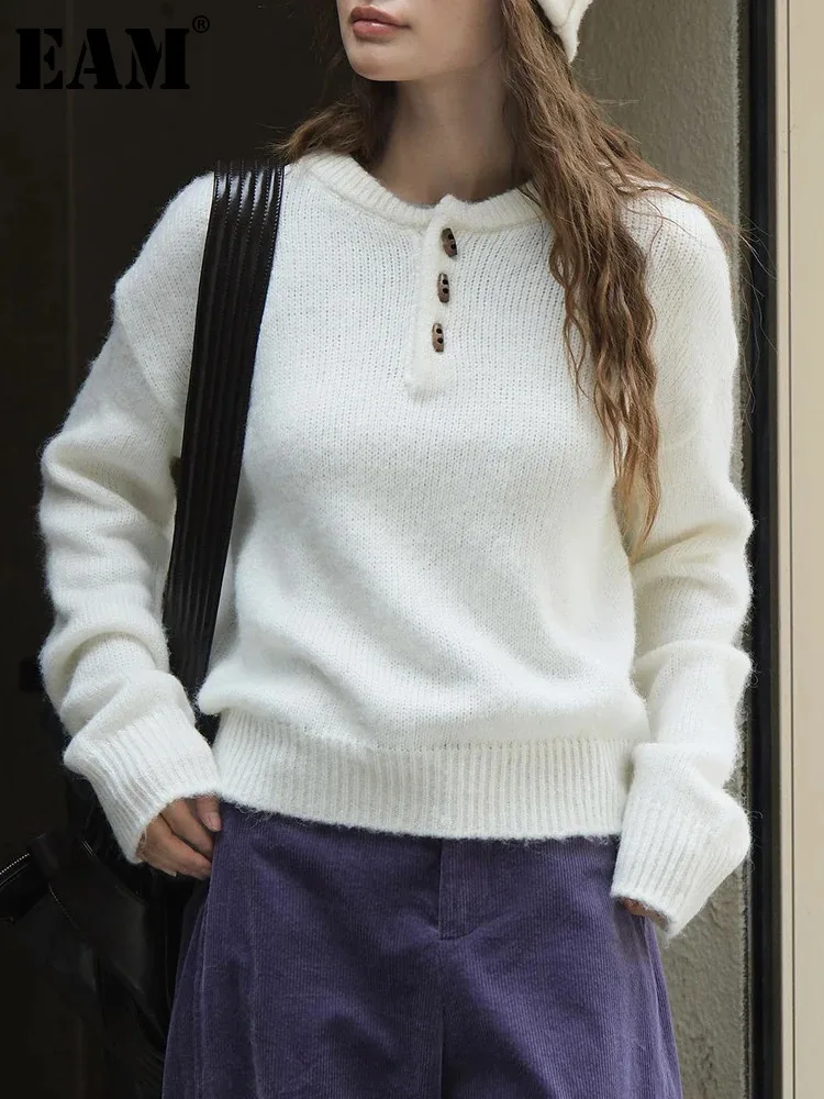 

[EAM]white Big Size Elegant Knitting Sweater Round Neck Long Sleeve Women Pullovers New Fashion Tide Spring Autumn 2024 1DH7431